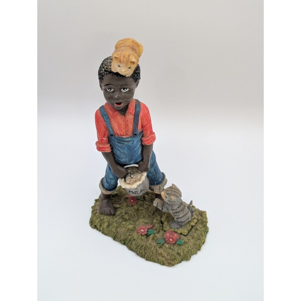 Vintage African American Boy Figurine with Milk Bucket and Kittens Resin Statue